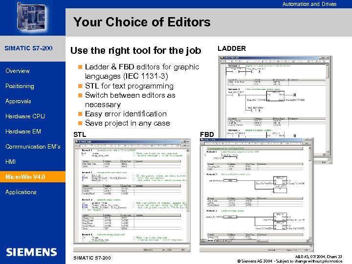 for internal use only Automation and Drives Your Choice of Editors SIMATIC HMI SIMATIC