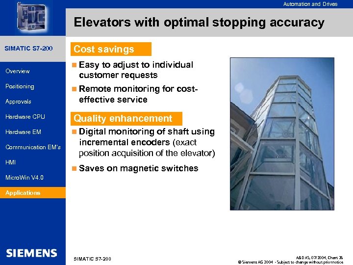 for internal use only Automation and Drives Elevators with optimal stopping accuracy SIMATIC HMI