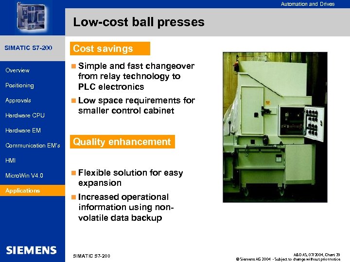 for internal use only Automation and Drives Low-cost ball presses SIMATIC HMI SIMATIC S