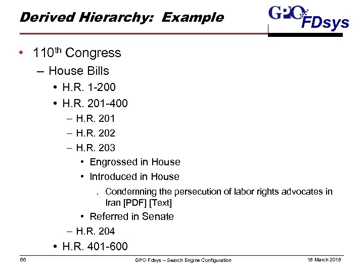 Derived Hierarchy: Example FDsys • 110 th Congress – House Bills • H. R.