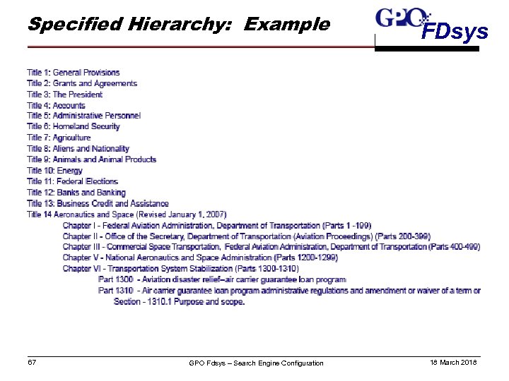 Specified Hierarchy: Example 67 GPO Fdsys – Search Engine Configuration FDsys 18 March 2018