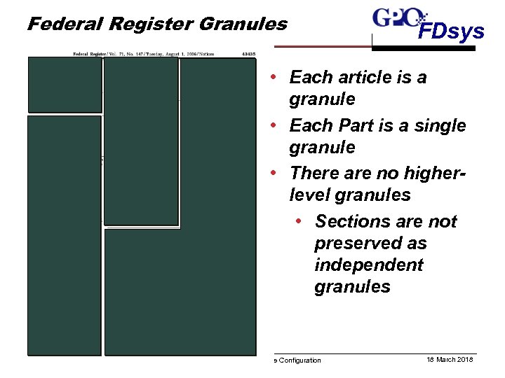 Federal Register Granules FDsys • Each article is a granule • Each Part is