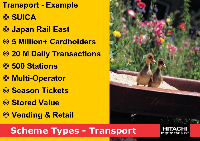 Transport - Example ¥ SUICA ¥ Japan Rail East ¥ 5 Million+ Cardholders ¥