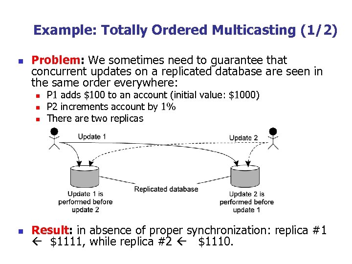 Example: Totally Ordered Multicasting (1/2) n Problem: We sometimes need to guarantee that concurrent