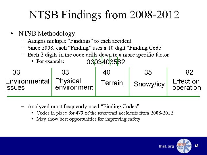 NTSB Findings from 2008 -2012 • NTSB Methodology – Assigns multiple “Findings” to each