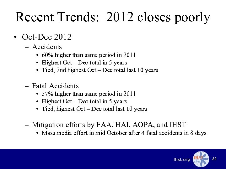 Recent Trends: 2012 closes poorly • Oct-Dec 2012 – Accidents • 60% higher than