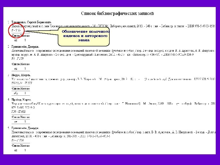 Обозначение полочного индекса и авторского знака 