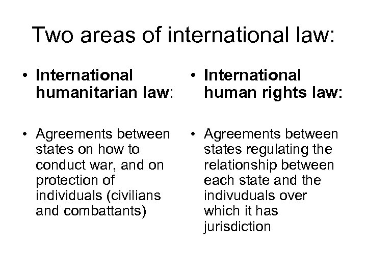 Two areas of international law: • International humanitarian law: • International human rights law: