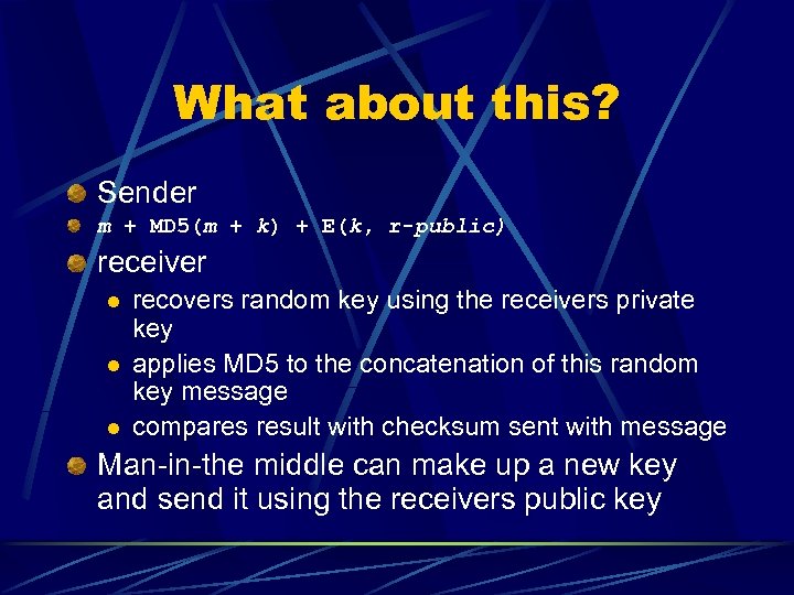 What about this? Sender m + MD 5(m + k) + E(k, r-public) receiver