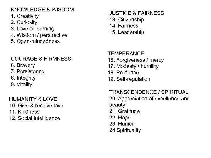 KNOWLEDGE & WISDOM 1. Creativity 2. Curiosity 3. Love of learning 4. Wisdom /