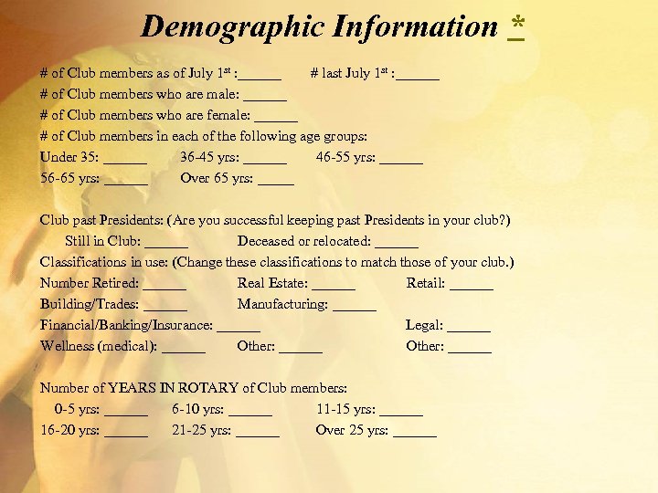 Demographic Information * # of Club members as of July 1 st : ______