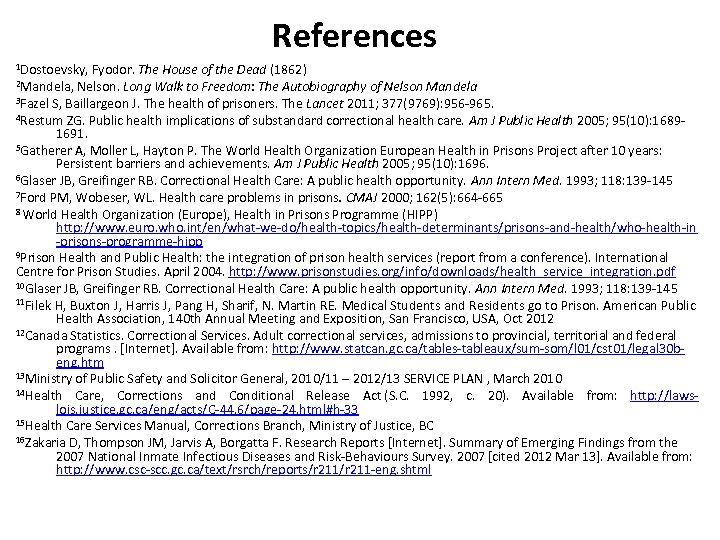 References 1 Dostoevsky, Fyodor. The House of the Dead (1862) Walk to Freedom: The