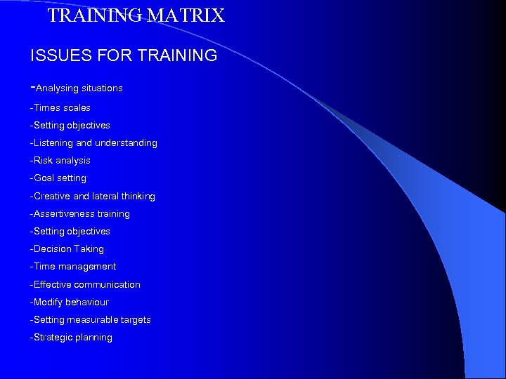 TRAINING MATRIX ISSUES FOR TRAINING -Analysing situations -Times scales -Setting objectives -Listening and understanding