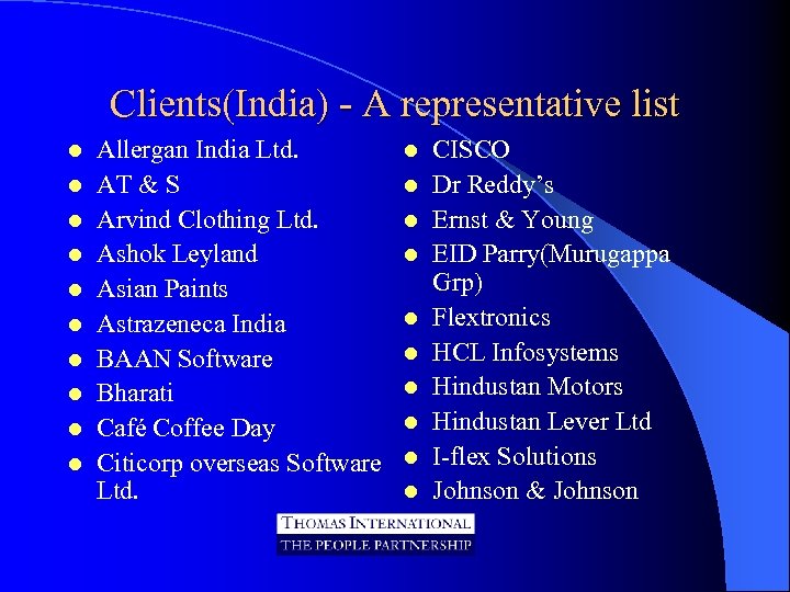 Clients(India) - A representative list l l l l l Allergan India Ltd. AT