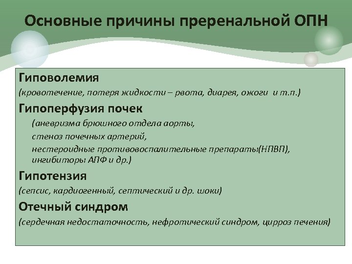 Основные причины преренальной ОПН Гиповолемия (кровотечение, потеря жидкости – рвота, диарея, ожоги и т.