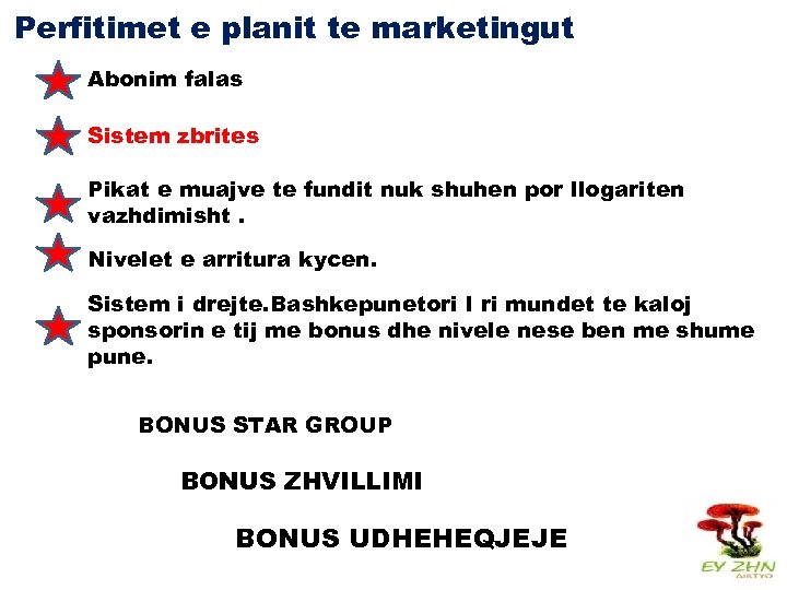 Perfitimet e planit te marketingut Abonim falas Sistem zbrites Pikat e muajve te fundit