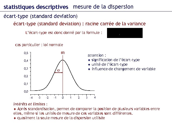 statistiques descriptives mesure de la dispersion écart-type (standard deviation) : racine carrée de la