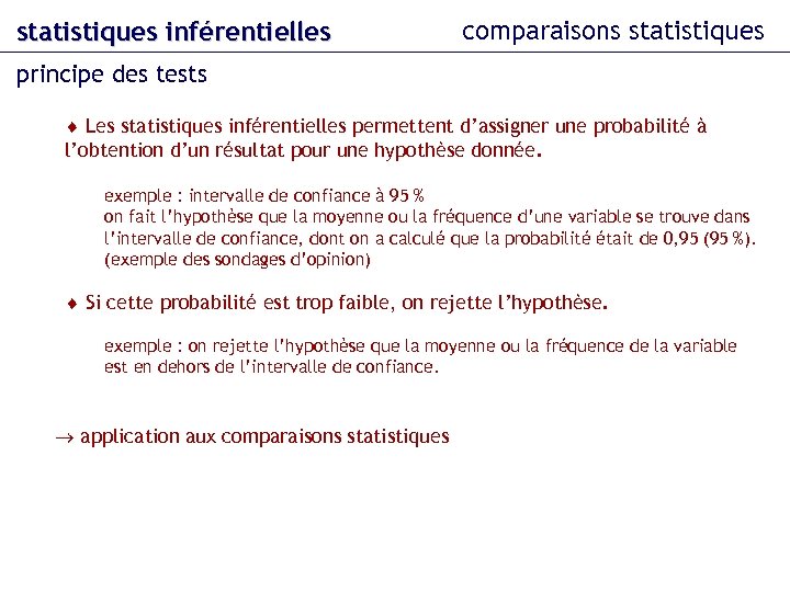 statistiques inférentielles comparaisons statistiques principe des tests Les statistiques inférentielles permettent d’assigner une probabilité