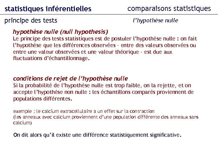 statistiques inférentielles comparaisons statistiques principe des tests l’hypothèse nulle (null hypothesis) Le principe des