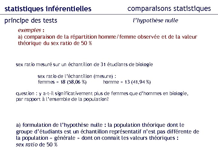 statistiques inférentielles principe des tests comparaisons statistiques l’hypothèse nulle exemples : a) comparaison de