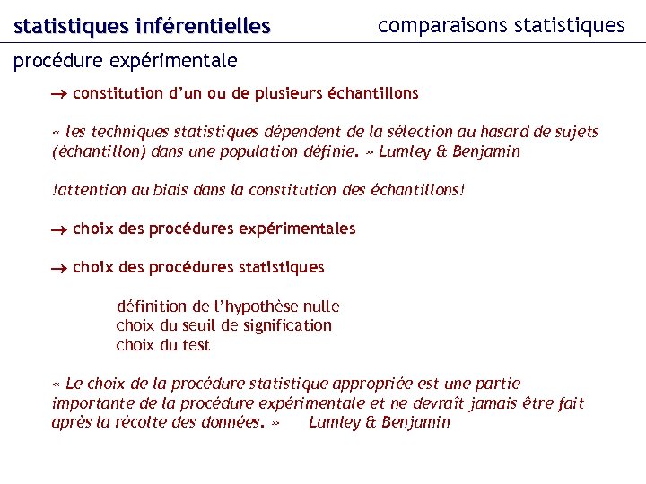 statistiques inférentielles comparaisons statistiques procédure expérimentale constitution d’un ou de plusieurs échantillons « les