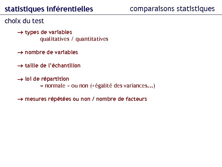 statistiques inférentielles comparaisons statistiques choix du test types de variables qualitatives / quantitatives nombre