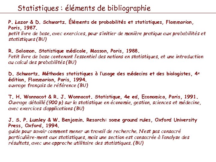 Statistiques : éléments de bibliographie P. Lazar & D. Schwartz. Éléments de probabilités et