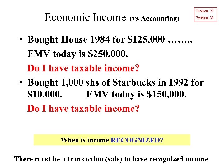 Economic Income Problem 29 (vs Accounting) Problem 30 • Bought House 1984 for $125,