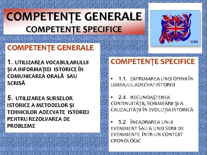 COMPETENŢE GENERALE COMPETENŢE SPECIFICE COMPETENŢE GENERALE 1. UTILIZAREA VOCABULARULUI ŞI A INFORMAŢIEI ISTORICE ÎN