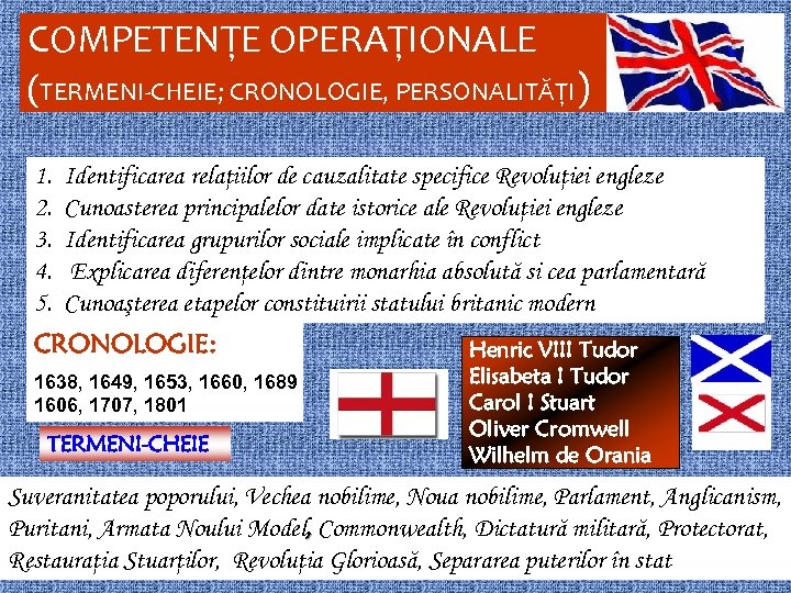 COMPETENŢE OPERAŢIONALE (TERMENI-CHEIE; CRONOLOGIE, PERSONALITĂŢI) 1. 2. 3. 4. 5. Identificarea relaţiilor de cauzalitate