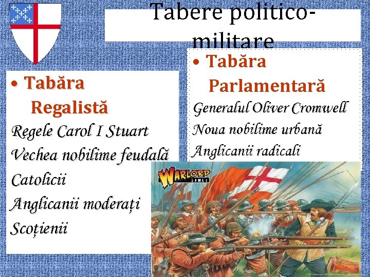 Tabere politicomilitare • Tabăra Regalistă Regele Carol I Stuart Vechea nobilime feudală Catolicii Anglicanii