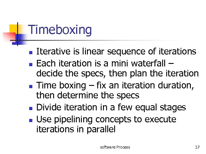 Timeboxing n n n Iterative is linear sequence of iterations Each iteration is a