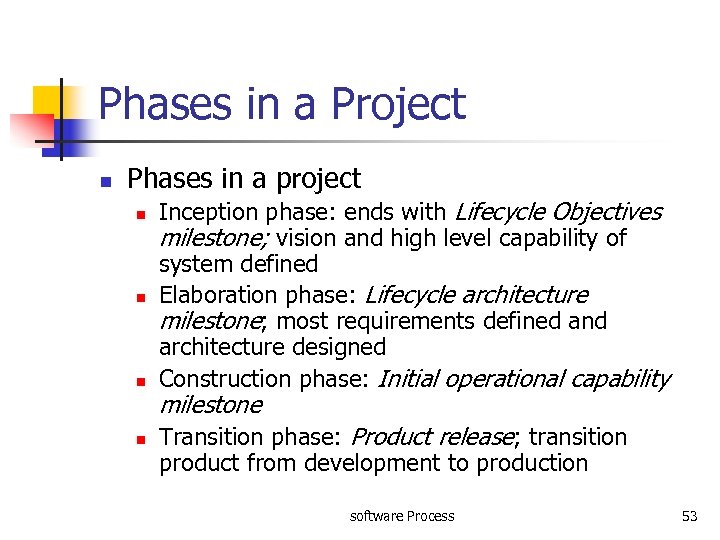 Phases in a Project n Phases in a project n n Inception phase: ends