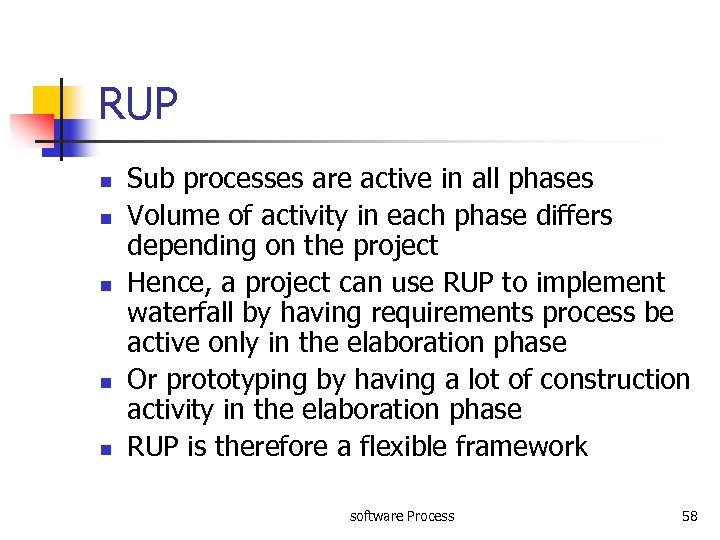 RUP n n n Sub processes are active in all phases Volume of activity