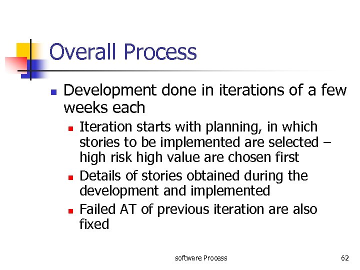 Overall Process n Development done in iterations of a few weeks each n n