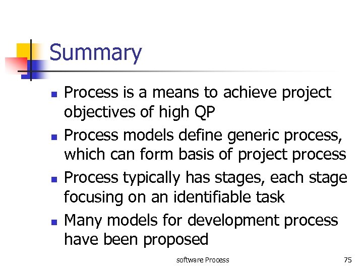 Summary n n Process is a means to achieve project objectives of high QP