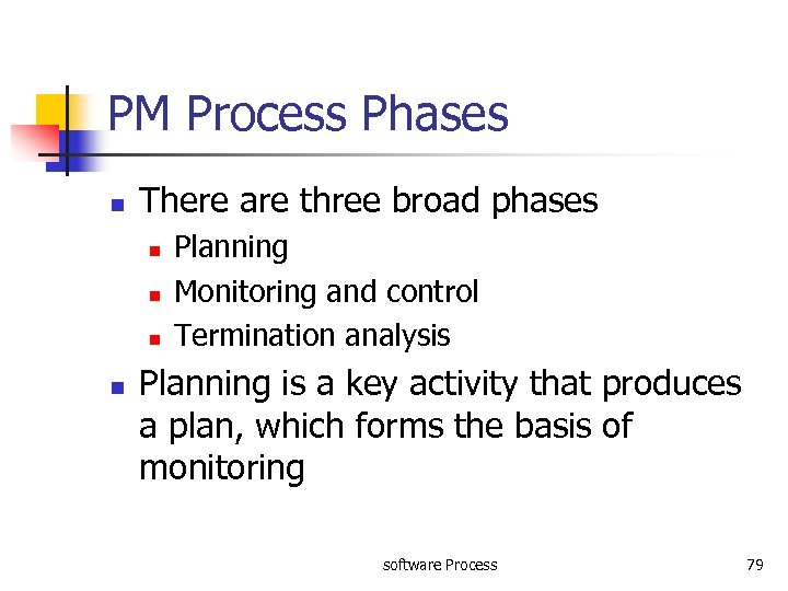 PM Process Phases n There are three broad phases n n Planning Monitoring and