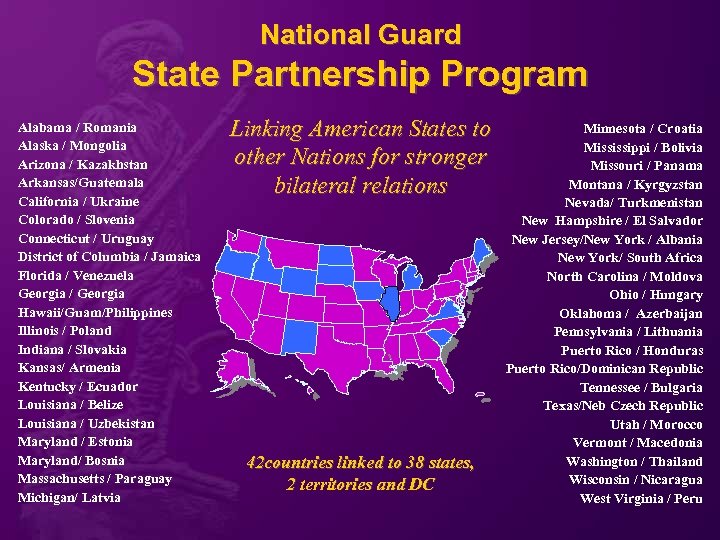 National Guard State Partnership Program Alabama / Romania Alaska / Mongolia Arizona / Kazakhstan