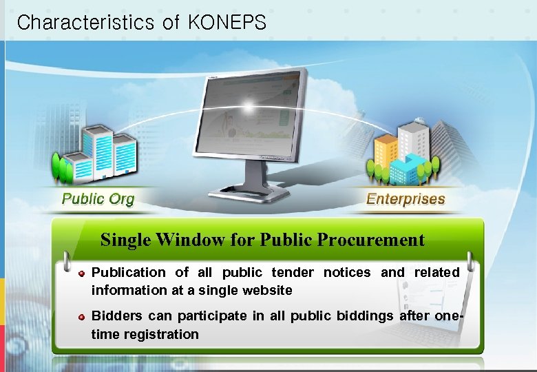 Characteristics of KONEPS Single Window for Public Procurement Publication of all public tender notices