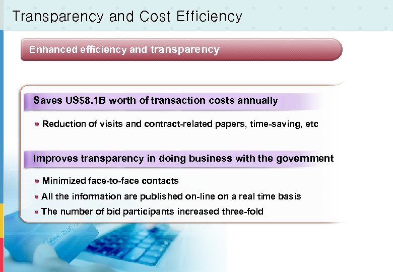 Transparency and Cost Efficiency Enhanced efficiency and transparency Saves US$8. 1 B worth of