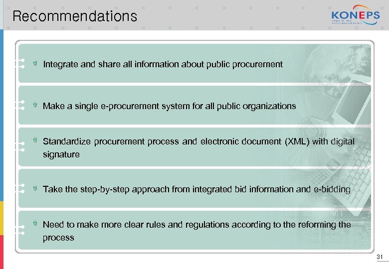 Recommendations Integrate and share all information about public procurement Make a single e-procurement system