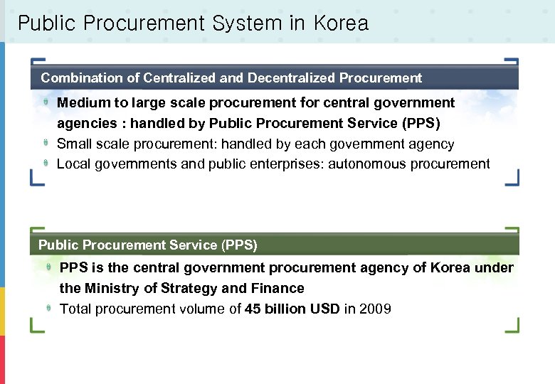 Public Procurement System in Korea Combination of Centralized and Decentralized Procurement Medium to Increasing