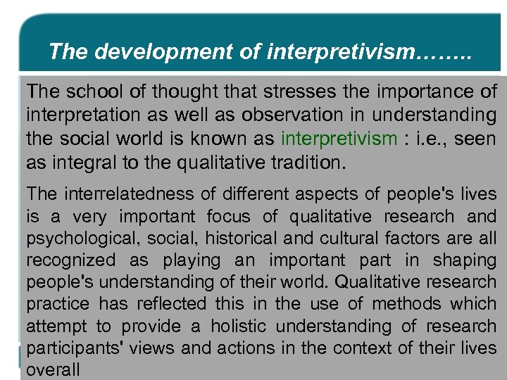 The development of interpretivism……. . The school of thought that stresses the importance of