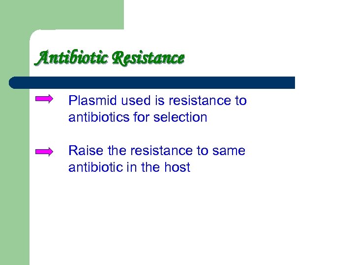 Antibiotic Resistance Plasmid used is resistance to antibiotics for selection Raise the resistance to
