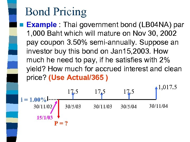 Bond Pricing n Example : Thai government bond (LB 04 NA) par 1, 000