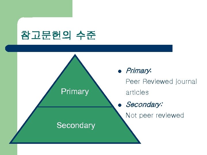 참고문헌의 수준 l Primary: Peer Reviewed journal Primary articles l Secondary: Not peer reviewed