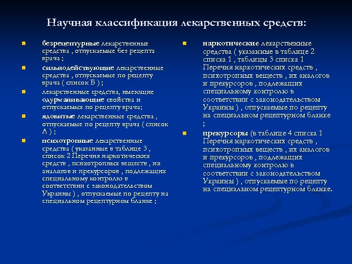 Научная классификация лекарственных средств: n n n безрецептурные лекарственные средства , отпускаемые без рецепта