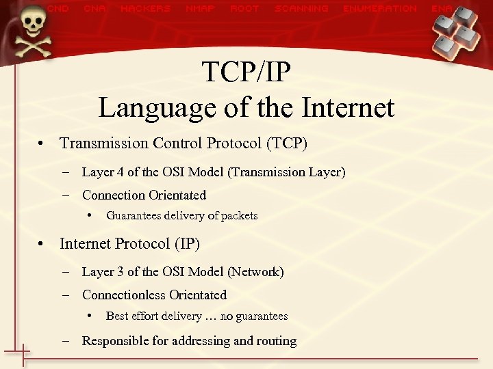 TCP/IP Language of the Internet • Transmission Control Protocol (TCP) – Layer 4 of