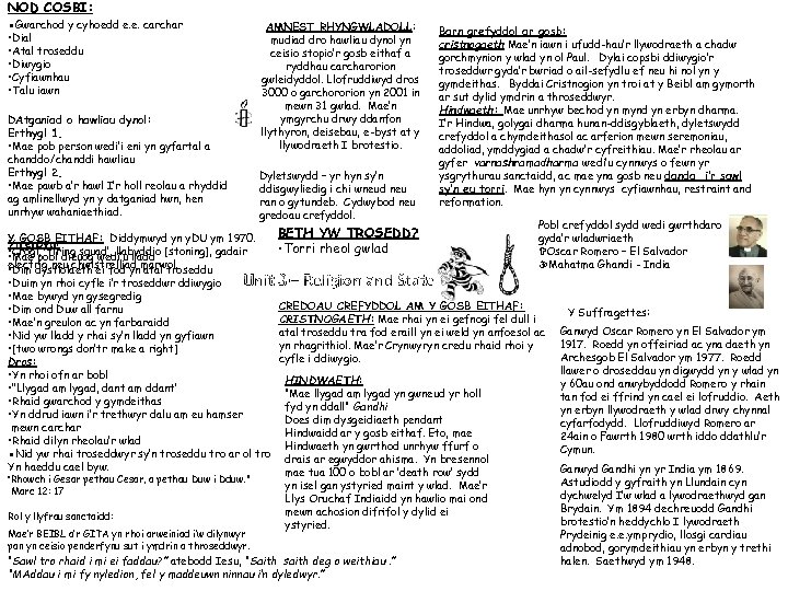 NOD COSBI: ●Gwarchod y cyhoedd e. e. carchar • Dial • Atal troseddu •