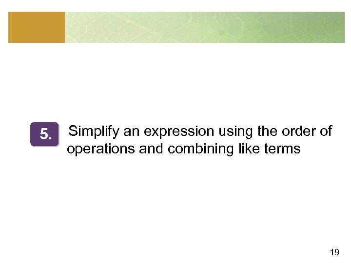 5. Simplify an expression using the order of operations and combining like terms 19